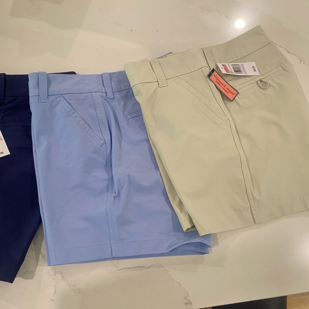 3 pair's of Vineyard Vines Light Tan, Navy Blue and Light Blue Shorts